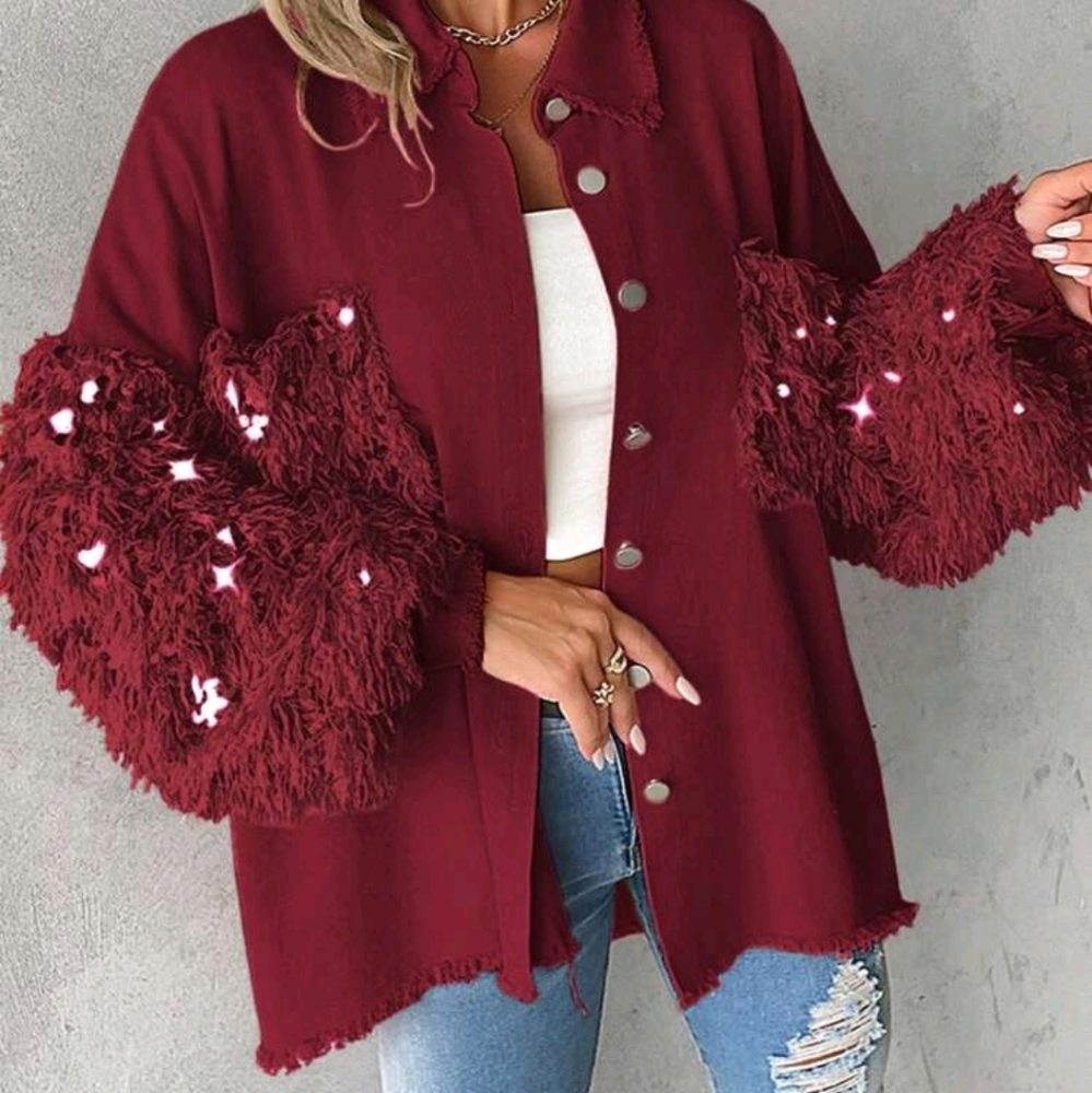 Spring & Fall Turn-Down Collar Contrast Sequin Raw Hem Button Front Jacket - Picture 5 of 5